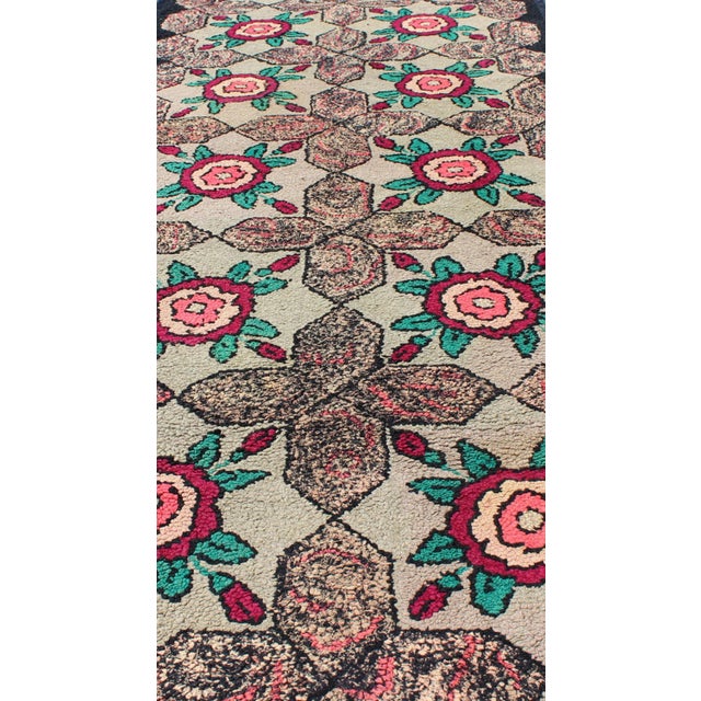 Repeating Floral-Leaf Design American Hooked Rug in Brown, Green, and Red For Sale - Image 4 of 11