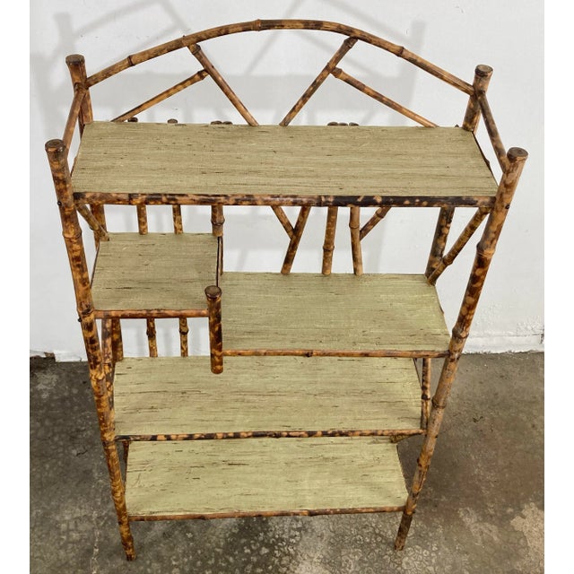 Chinoiserie Vintage Scorched Bamboo Tiered Shelf With Grasscloth Liner For Sale - Image 3 of 8