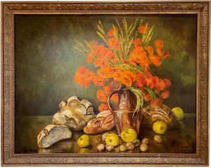 Marie-Madeleine de Rasky, Copper, Poppies, Wheat, Bread and Fruit, Oil on Canvas, Framed