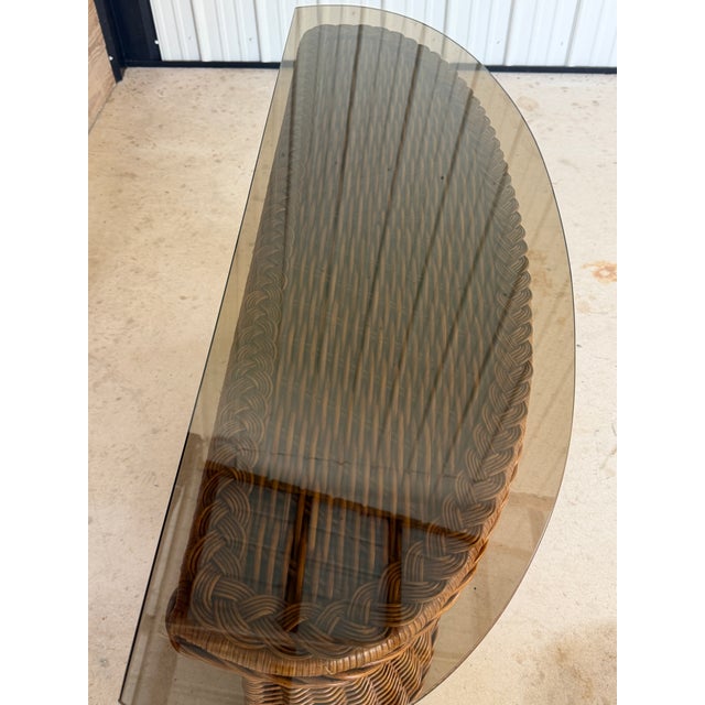 Vintage Refinished Rattan Braided Hourglass Console Table With Original Smoked Glass For Sale - Image 9 of 12