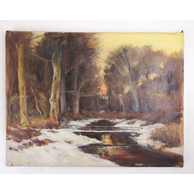 Rustic European Early 20th Century Winter Bridge at Sunset Painting For Sale - Image 3 of 4