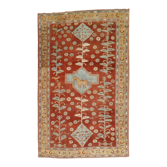 Early 20th Century Quirky Folk Art Tribal Camel Medallion Caucasian Rug - 5'9" x 8'4" For Sale