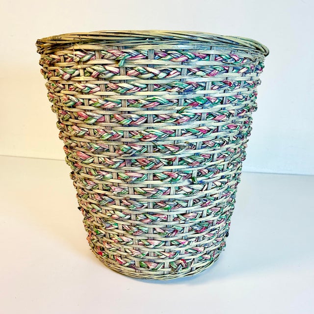 We loved this the minute we found it. The wicker has been dyed in colorful colors of teal green, violet, navy and Cerise...