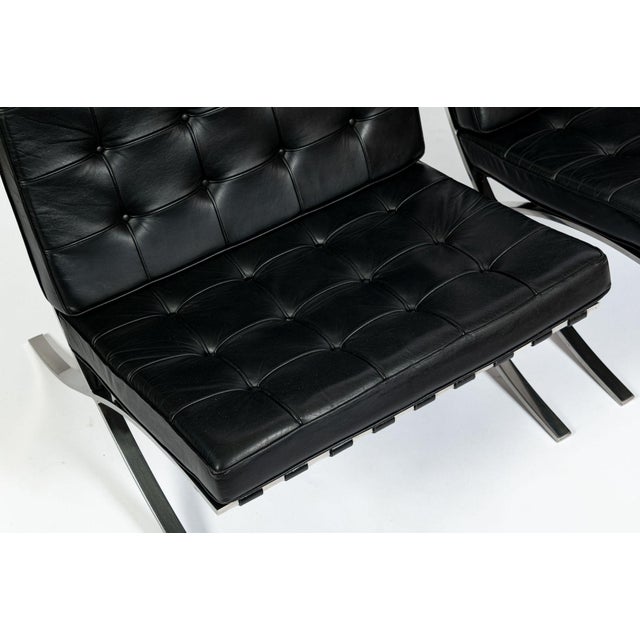 Pair Mid Century Black Leather Barcelona Chairs by Mies Van Der Rohe for Knoll, 1977 For Sale - Image 11 of 17