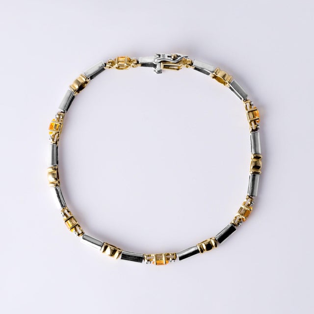 Lovely 1.25 Carat Yellow Sapphire and Diamond Thin Bracelet 14k 2 Tone Gold For Sale In Los Angeles - Image 6 of 7