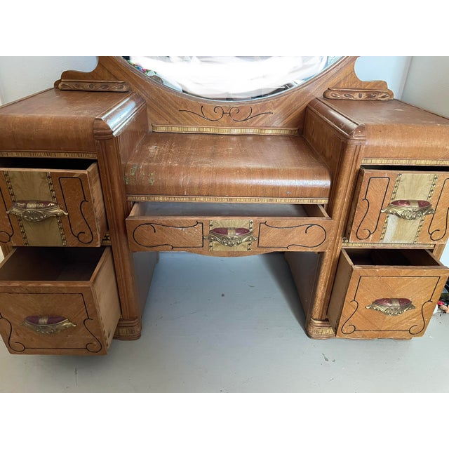 Vintage Art Deco Waterfall Makeup Vanity With Storage & Mirror Chairish