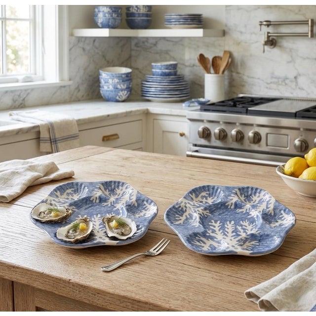 Ceramic Pair of Italian Les Ottomans Hand-Painted Blue Coral Oyster Plates For Sale - Image 7 of 11