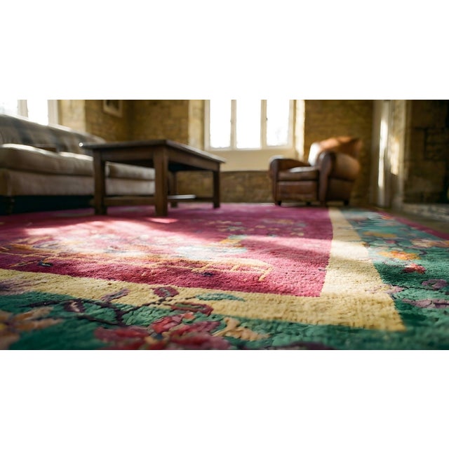 1920s Raspberry Red Floral Vase Antique Chinese Art Deco Carpet 8' 10" X 11' 6" Knotted Wool Rug For Sale - Image 11 of 12