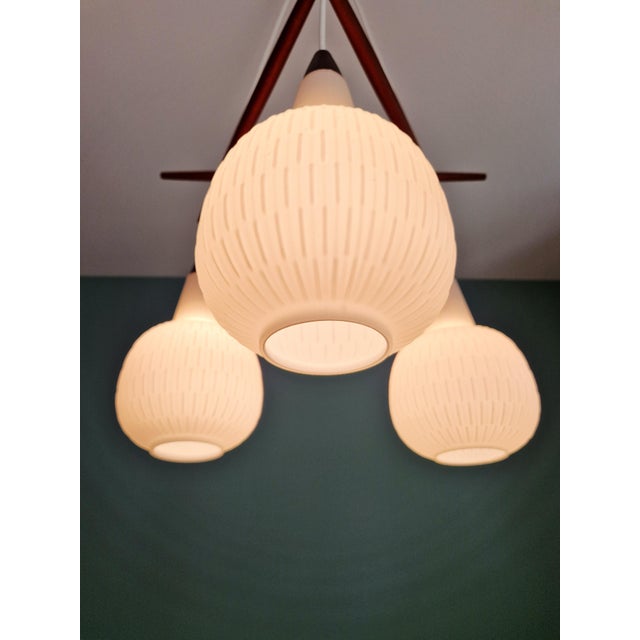 Scandinavian Chandelier in Teak and White Opaline Glass, 1960s For Sale - Image 13 of 18