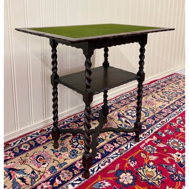 Wood Antique English Flip Top Game Table Barley Twist Side Table Carved Oak C. 1930s For Sale - Image 7 of 17