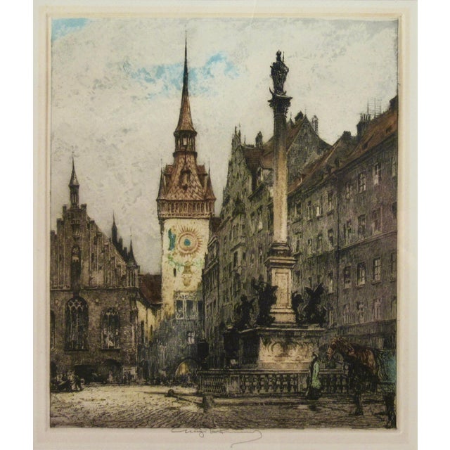 This artwork titled "Old City Hall, Munich, Germany" c.1930 is a color etching by Austrian artist Luigi Kasimir 1881-1962....