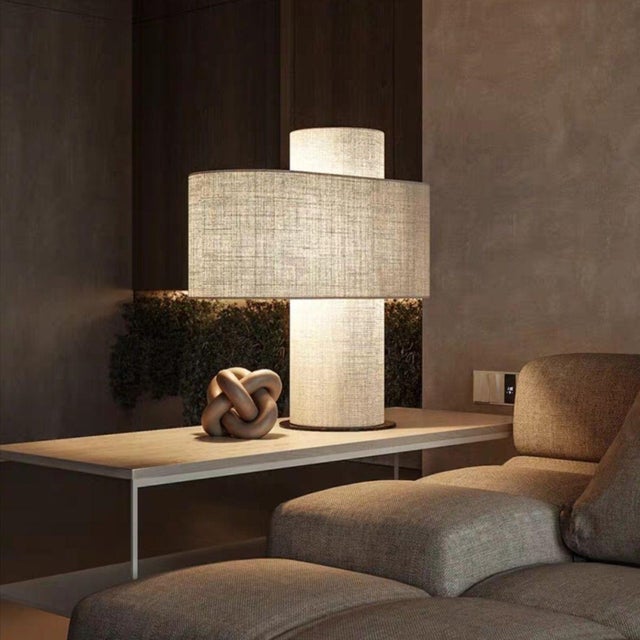 Art Deco Double-Shade Linen Fabric Lamp For Sale - Image 3 of 7