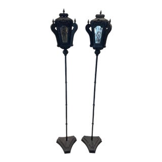 Vintage Black Cast Iron Floor - Standing Street-Style Lanterns - a Pair For Sale