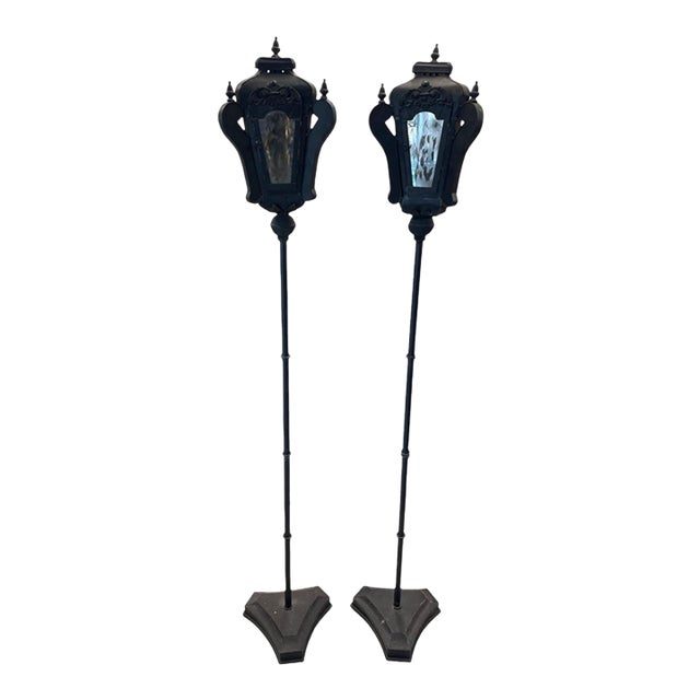 Vintage Black Cast Iron Floor - Standing Street-Style Lanterns - a Pair For Sale