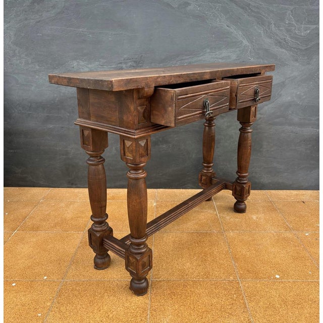 Brown Spanish Renaissance Console Table with Drawers and Turned Legs, 1920s For Sale - Image 8 of 14