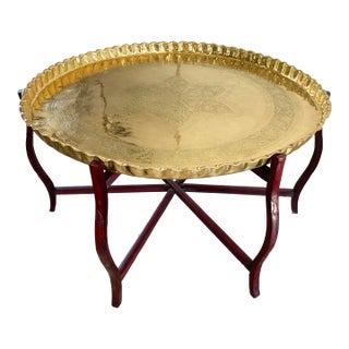 Vintage Scalloped Brass Tray Table With Collapsible Wood Base For Sale