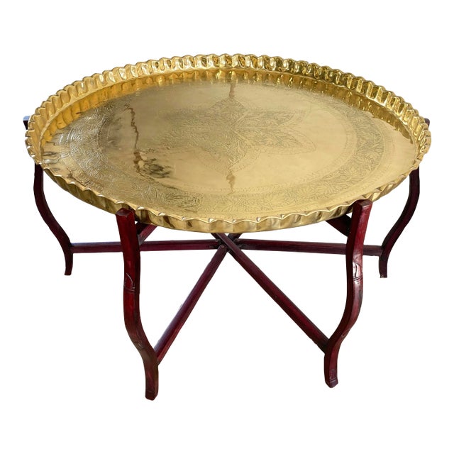 Vintage Scalloped Brass Tray Table With Collapsible Wood Base For Sale
