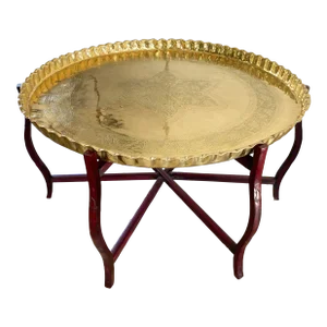 Vintage Scalloped Brass Tray Table With Collapsible Wood Base