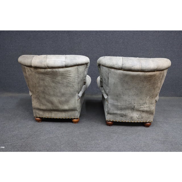 Pair of Leathercraft Inc. Distressed Gray Tufted Leather Recliner Club Chairs For Sale - Image 18 of 18