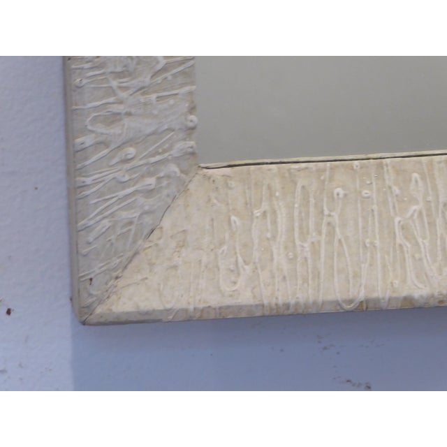 Ivory white mirror with spattered white paint, ready to hang, 30.25"H x 27"W.