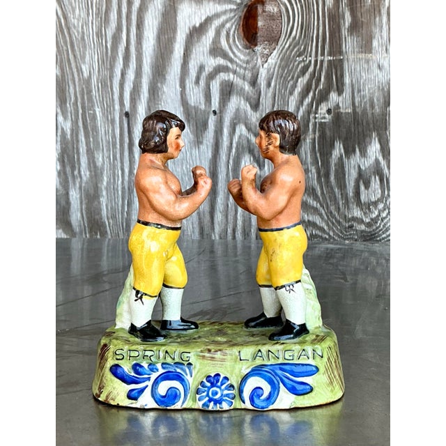 Yellow Vintage Boho Staffordshire Boxing Figurine For Sale - Image 8 of 12
