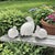 A mid-century set of three Japanese porcelain quail figurines, executed in a cohesive sculptural grouping with a high-...