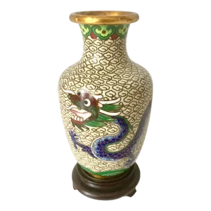 Two Dragon Cream Small Vintage Chinoiserie Cloisonne Metal Vase With Stand