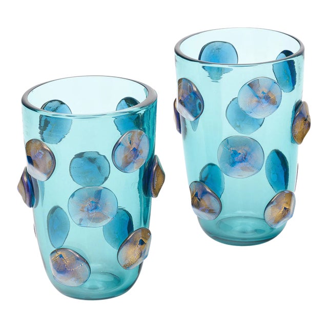 Murano Glass Blue Medallion Vases For Sale