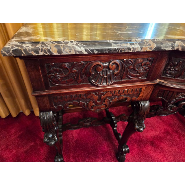 Antique Italian Renaissance Revival Walnut Marble Top Credenza Sideboard Buffet For Sale - Image 4 of 18