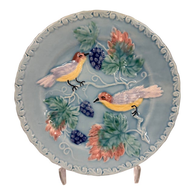 Mid 20th Century Majolica Plate | Bluebirds & Blackberries | Powder Blue Ceramic Wall Plate For Sale