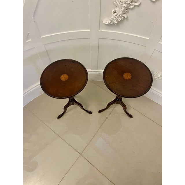 Wood Antique Edwardian Mahogany Inlaid Lamp Tables, 1900s, Set of 2 For Sale - Image 7 of 12