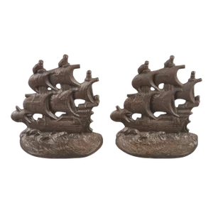 Pair of Early 20th Century Nautical Spanish Galleon Ship Metal Bookends Doorstops Marked