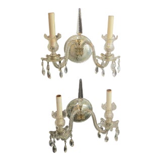 1960s Georgian Style Crystal Double Arm Sconces - A Pair of 2 For Sale