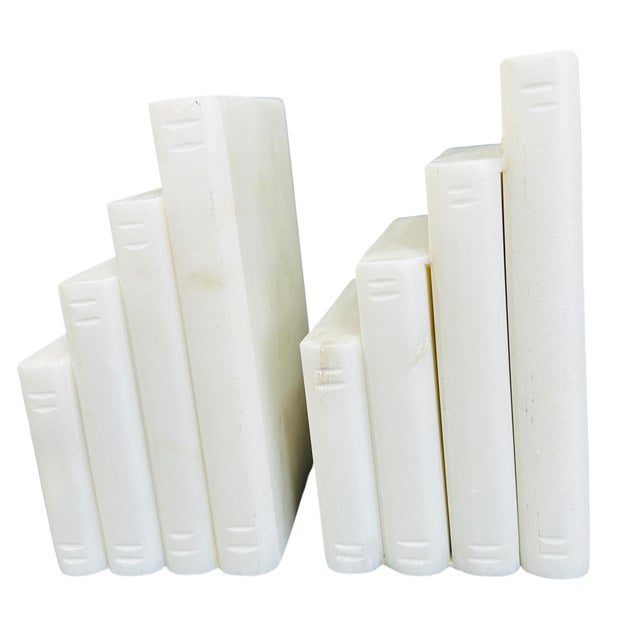 Vintage White Marble Bookends, Stacked Books Design | Italian Alabaster Stone, 1990s Home Office Decor, Minimalist For Sale In Tampa - Image 6 of 12