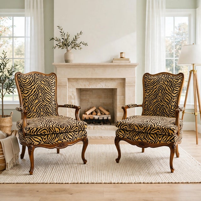 A pair of beautiful French Louis XIV style hand-carved wood Bergere fauteuil chairs in a high quality tiger upholstery....