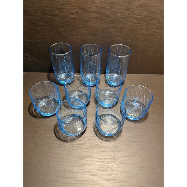 Vintage Anchor Hocking Misty Blue Optic Swirl Glasses Set 9 pcs For Sale - Image 10 of 12