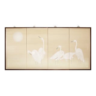 C. 1970s Japanese Style Monochrome Silk Screen "Egrets and Moon" For Sale