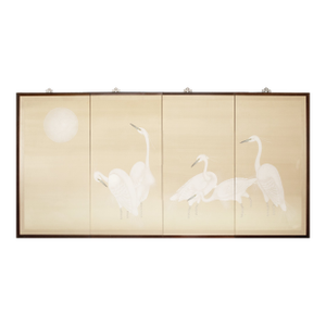 C. 1970s Japanese Style Monochrome Silk Screen "Egrets and Moon"