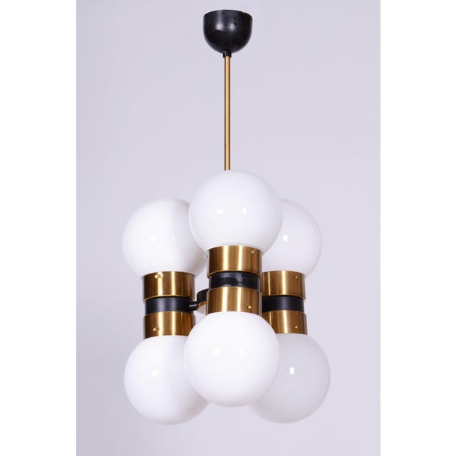 Mid-Century Chandelier in Brass and Opaline Glass, Czech, 1960s For Sale - Image 11 of 11