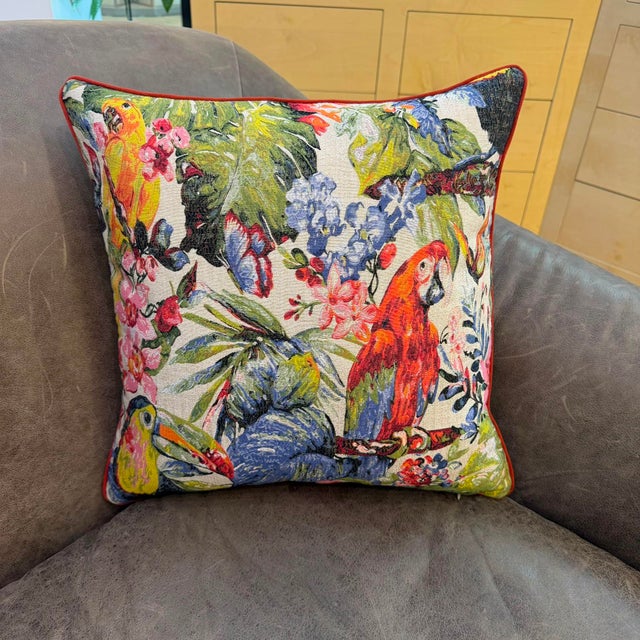 Textile Scarlet Macaw Toucan Woven Cushion Cover For Sale - Image 7 of 10