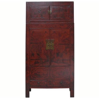 96" Tall Red Lacquer Antique Chinese Chinoiserie-Style Cabinet For Sale