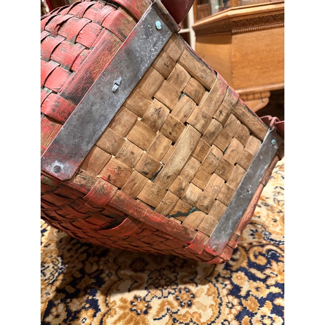 Rare Antique Apple Picking Basket With Leather Straps and Original Red Paint For Sale - Image 6 of 15