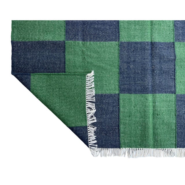 Handmade Woolen Flat Weave Rug, Forest Green and Greyish Blue Checker Board Dhurrie - 5'x8' For Sale - Image 12 of 12