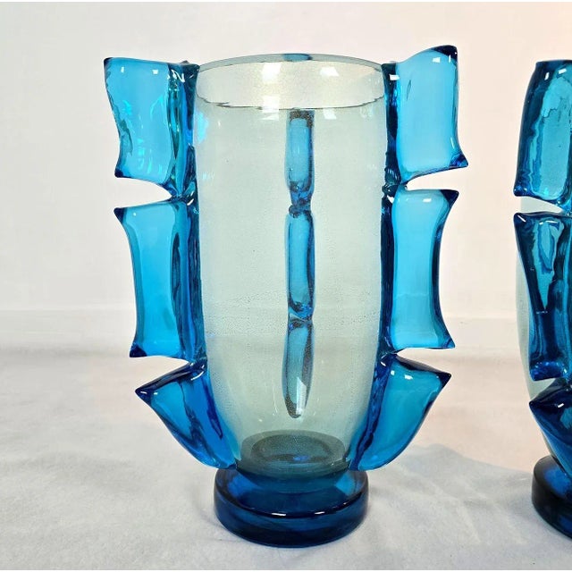 Pair of Signed Blue Murano Glass Vases 1980 For Sale - Image 4 of 10