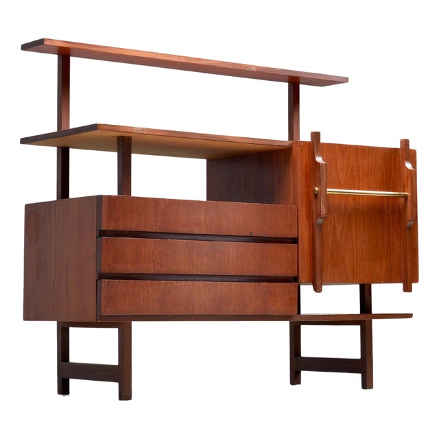 Geometrical Credenza in Wood and Brass, Italy, 1960s For Sale