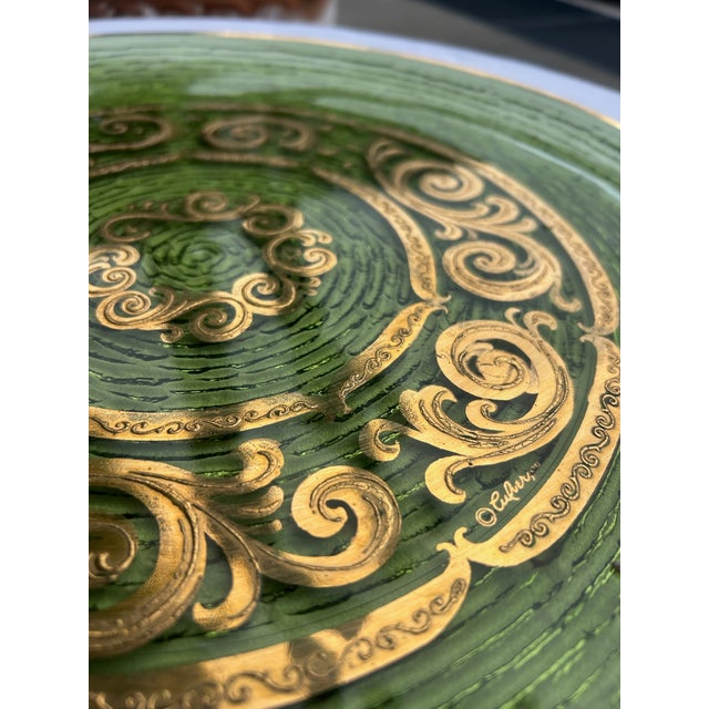 Vintage Mid-Century Green Glass Platter With Gold Scrollwork For Sale - Image 10 of 10