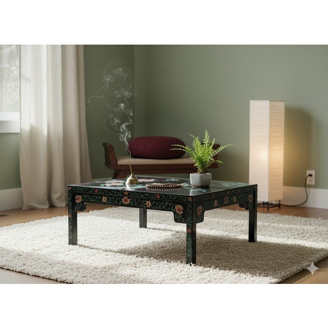 1970s Chinese Black Lacquer Flower Birds Graphic Rectangular Low Coffee Table For Sale - Image 11 of 13