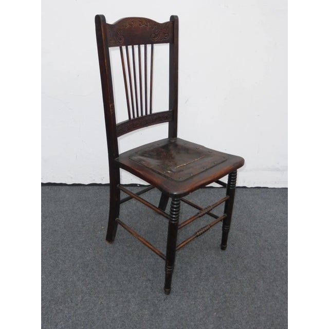 Vintage Carved Rustic Farmhouse Wood Side Chair W Leather Seat For Sale - Image 11 of 11