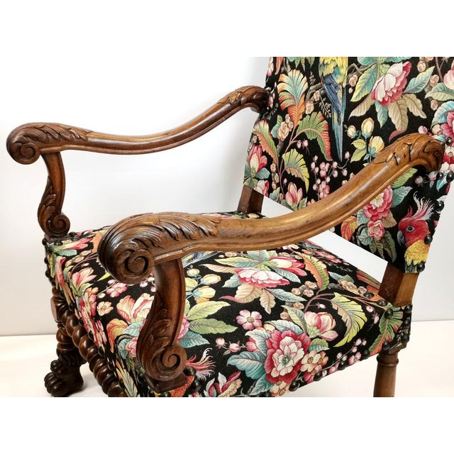 Antique Louis XIII and Renaissance Walnut Armchairs with Parrot Upholstery, 1890s, Set of 2 For Sale - Image 10 of 18