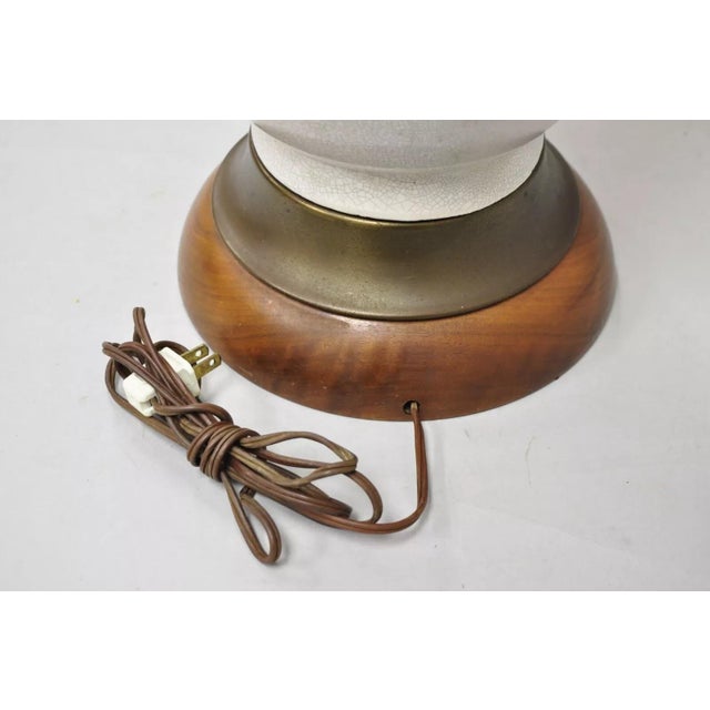 Vintage Mid Century Modern Tall Glazed Pottery Ceramic Table Lamp With Walnut Base For Sale - Image 9 of 12